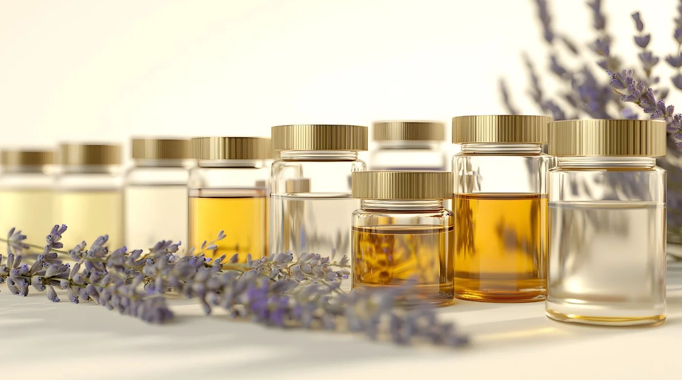 Assorted glass essential oil bottles with gold caps and sprigs of lavender on a soft beige background