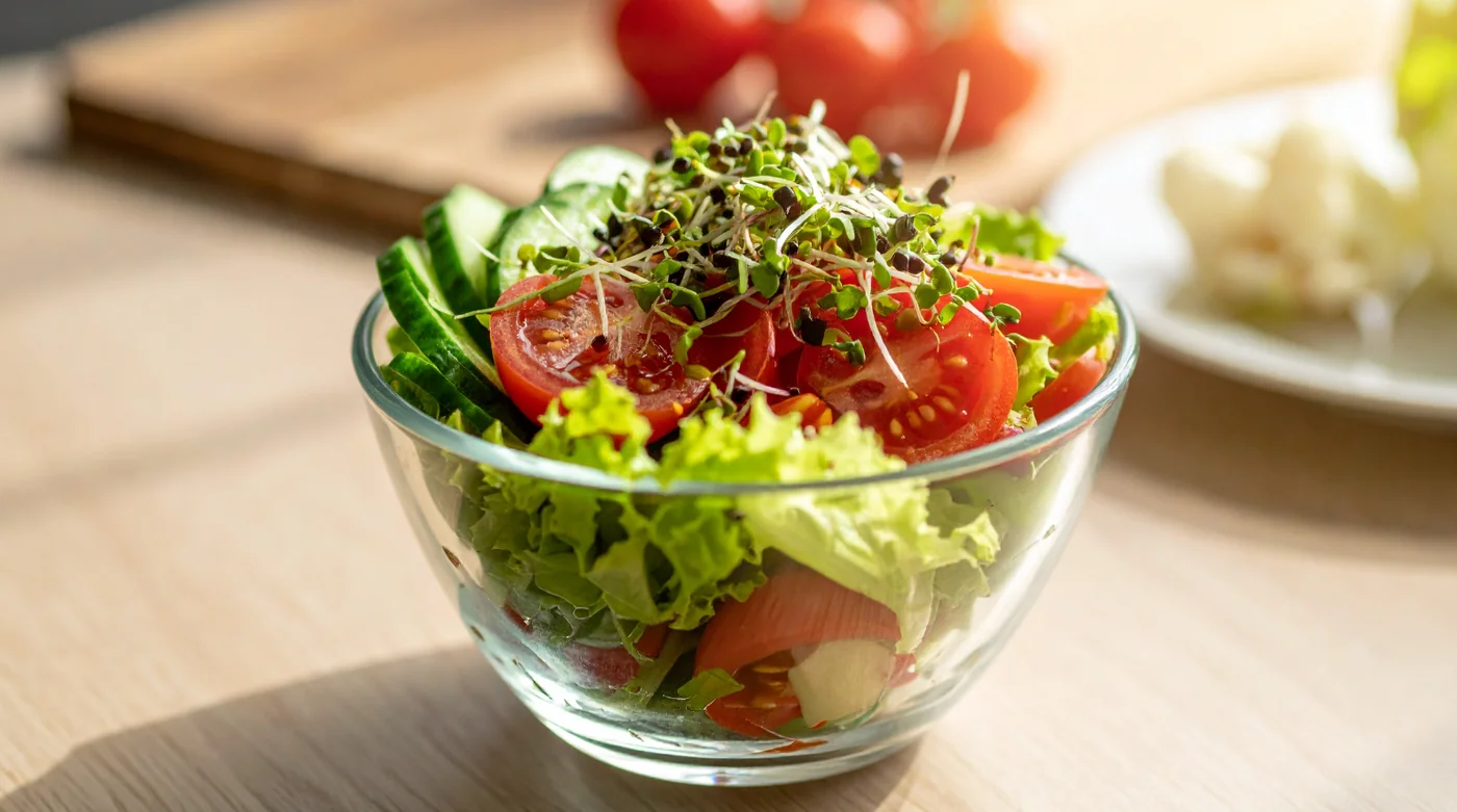 Fresh vegetable salad in a glass bowl with tomato slices, cucumber, lettuce and sprouts on a wooden table.