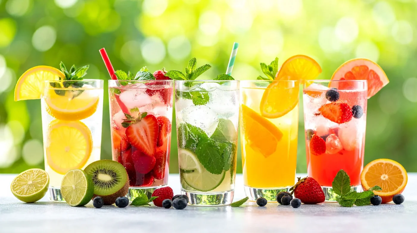 Six colorful fruit beverages in tall glasses with citrus slices, berries, and mint on a bright outdoor table.