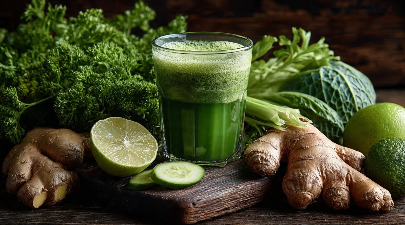 Glass of green juice on a wooden board, surrounded by kale, parsley, cucumber, lime, ginger, and celery.