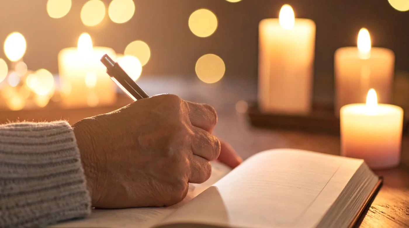 Older hand writing in an open notebook by candlelight with warm bokeh glow in the background.