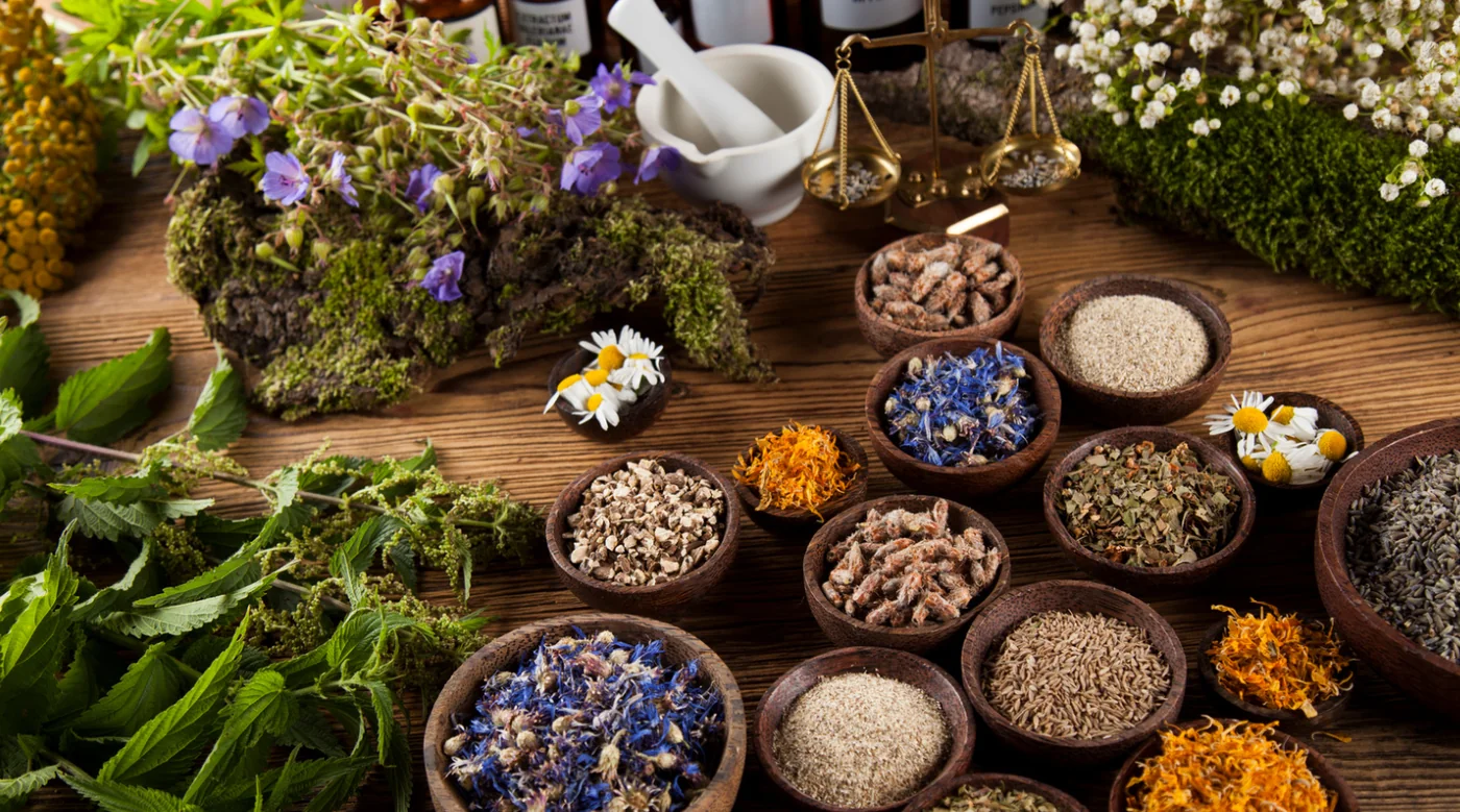 Assorted dried herbs, flowers, and spices in wooden bowls on a rustic table with a mortar and pestle in the background.