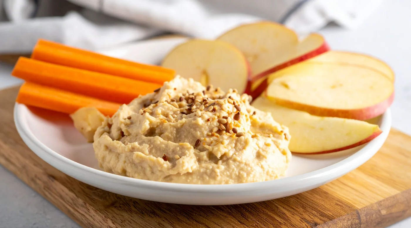 Plate of hummus sprinkled with sesame seeds, with carrot sticks and apple slices on a wooden board.