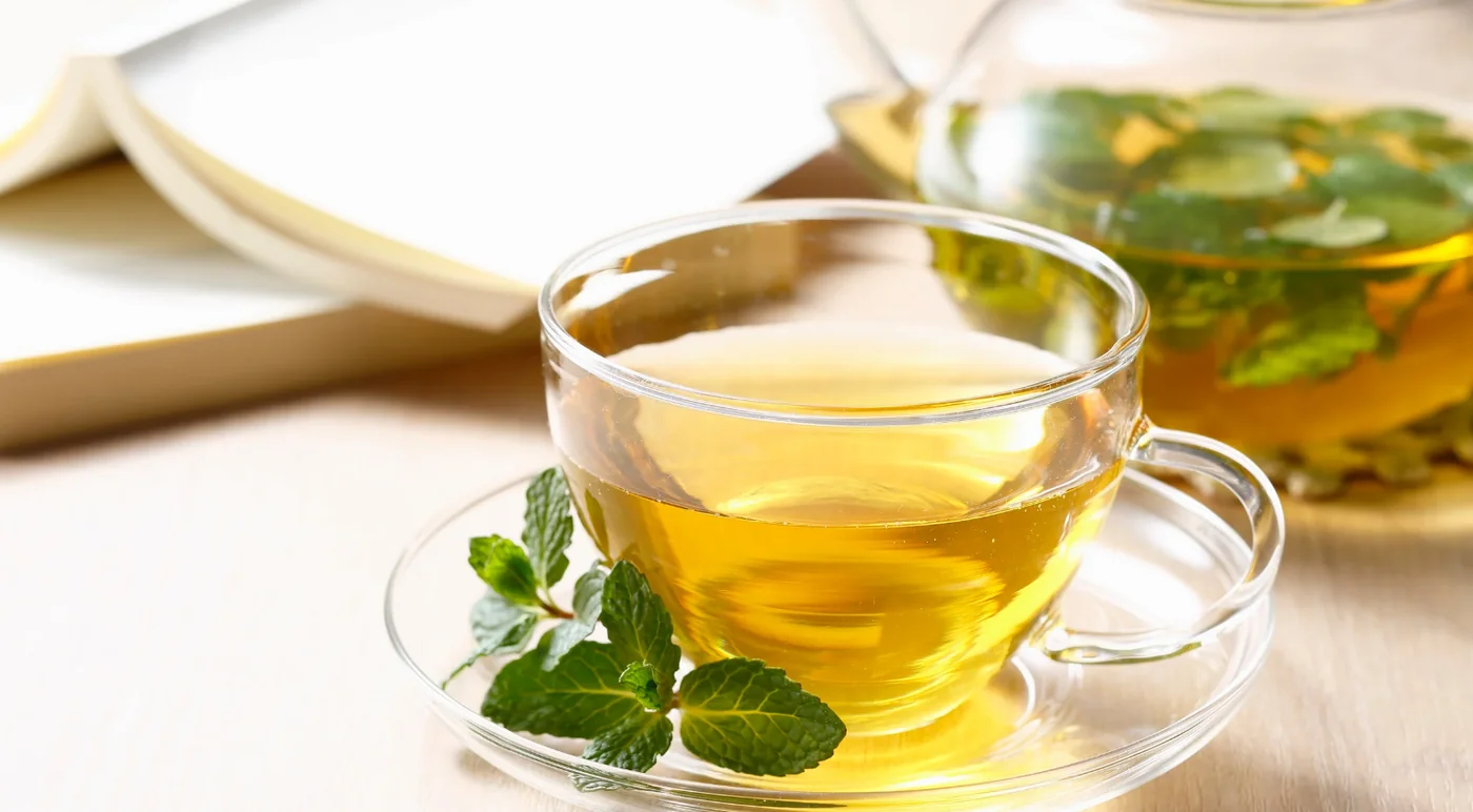 Glass teacup of golden tea with fresh mint leaves on a saucer; a teapot and an open book in the background (soft focus)./Cozy tea scene with mint tea in a clear cup and a blurred teapot and book behind.
