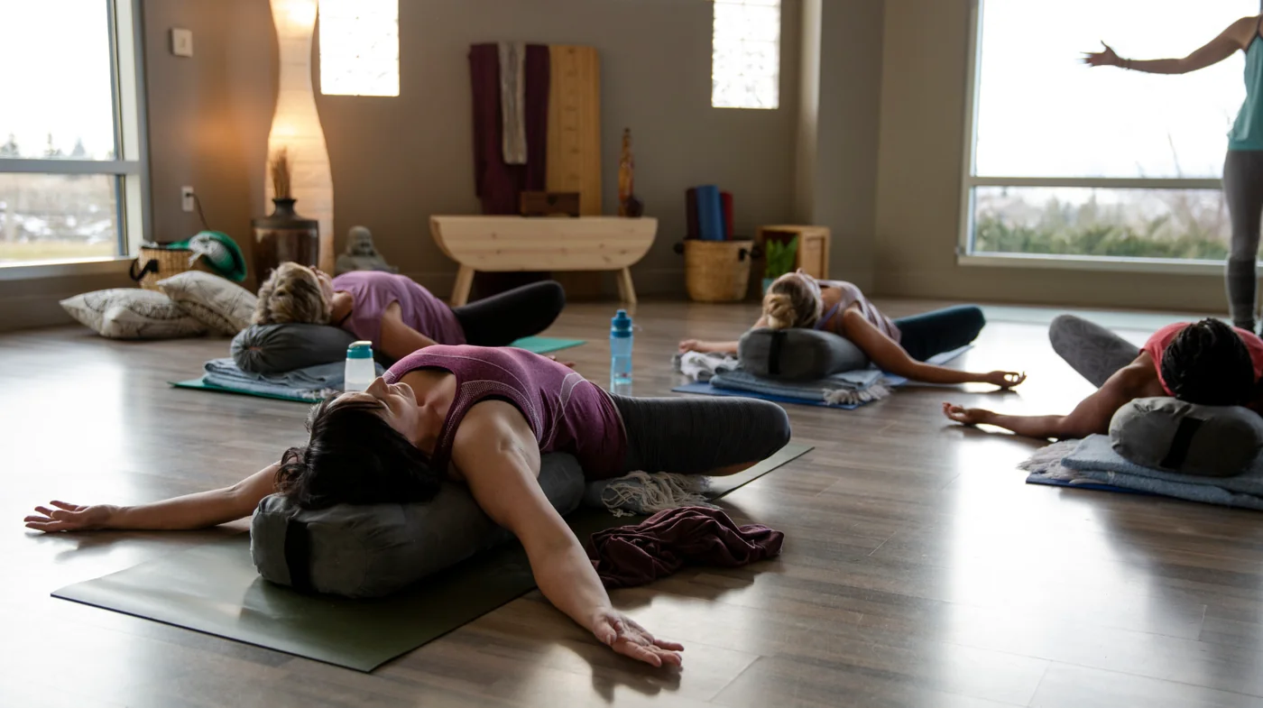 Group of people doing yoga in a sunlit studio, lying on bolsters and mats as an instructor stands nearby with arms outstretched to guide the class.